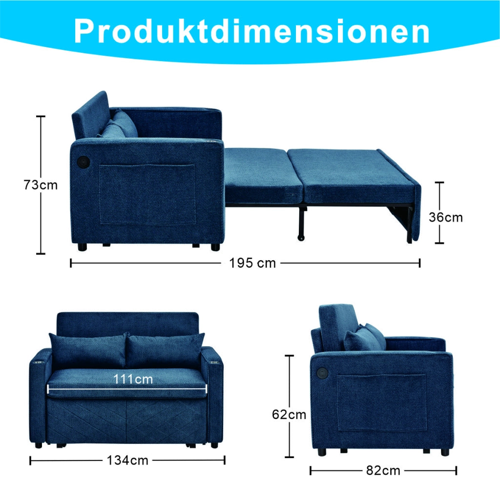 Divano Letto 2 Posti con USB ¨C Xylo ¨C Blu, Trasformabile