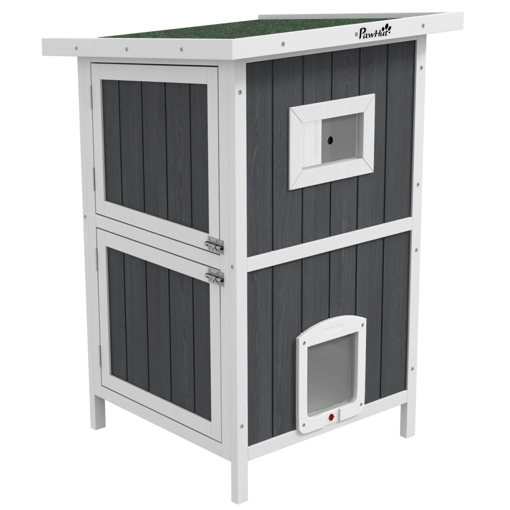 Cuccia per Gatti da Esterno in Legno a 2 Livelli con Tetto in Asfalto e 4 Porte, 60x60x90.5cm, Grigio