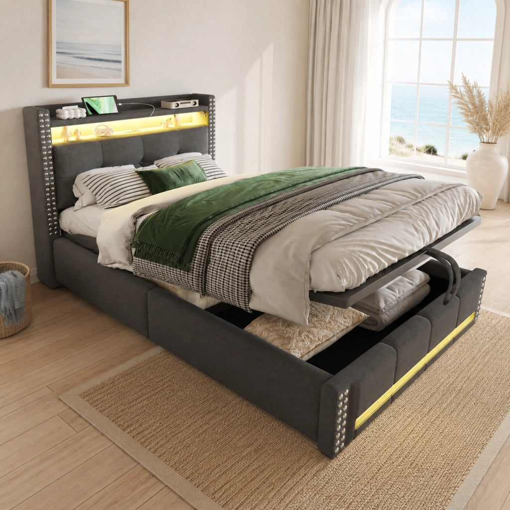Letto imbottito singolo grigio 90 x 200 cm con LED, USB e contenitore