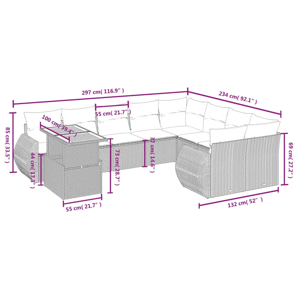 Set Divano da Giardino 10 pz con Cuscini Beige in Polyrattan