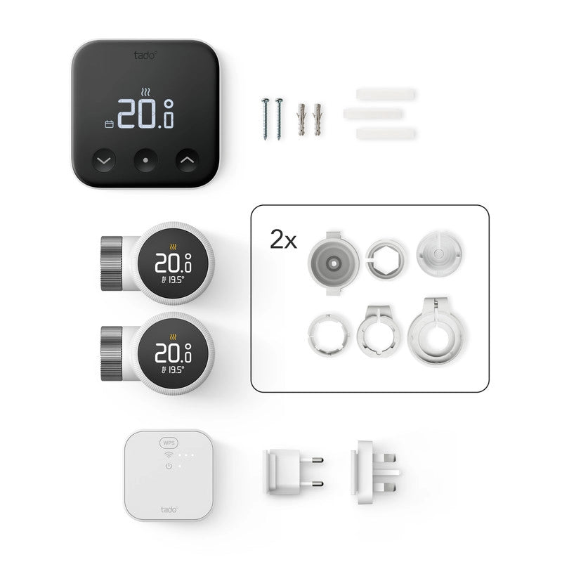 Tado Termostato Intelligente Cablato X kit di base + 2 valvole. Controllo multistanza. Wi-fi. Matter. Assistenti vocali google e alexa