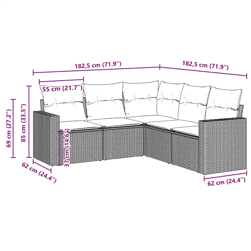 Set Divano da Giardino 5 pz con Cuscini Marrone in Polyrattan