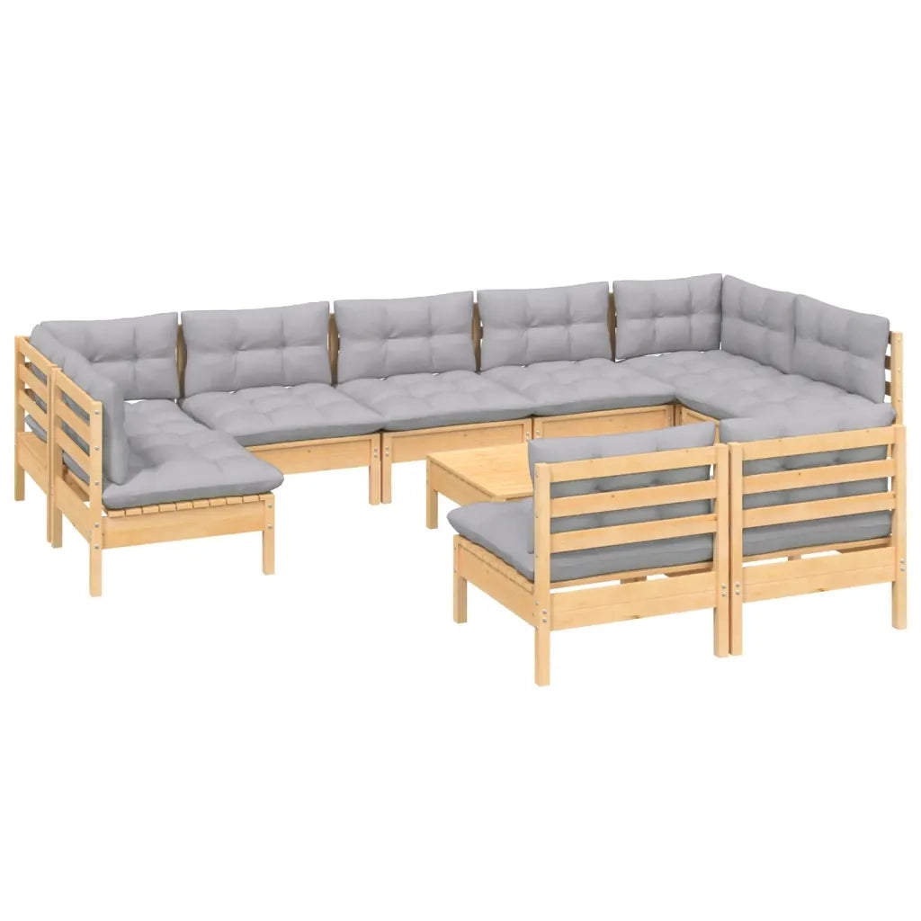 Set Divani da Giardino 10 pz con Cuscini Grigi Massello di Pino 3097204