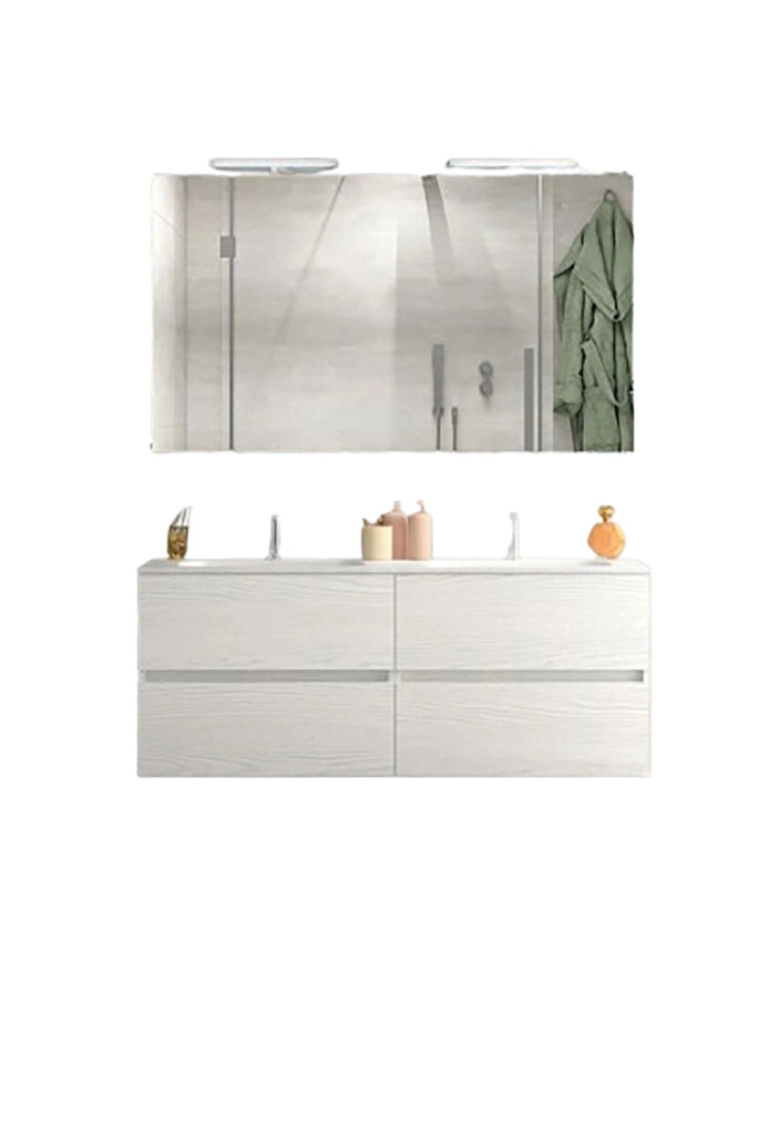 Mobile da Bagno Sospeso con Lavabo 120cm 2 Vasche e Specchio Bali Light Double Bianco Frassino
