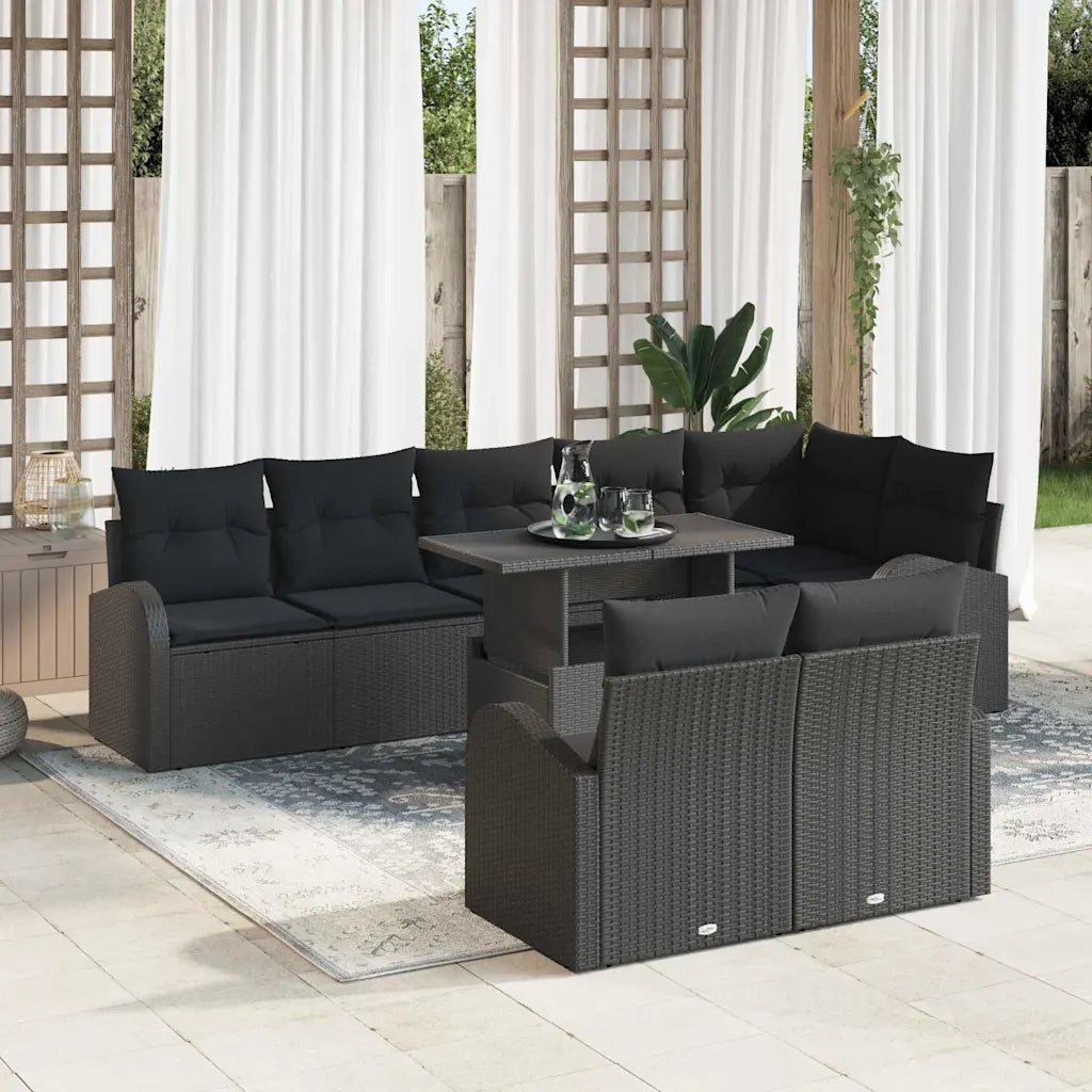 Set Divano da Giardino con cuscino 9 pcs Nero Poly Rattan