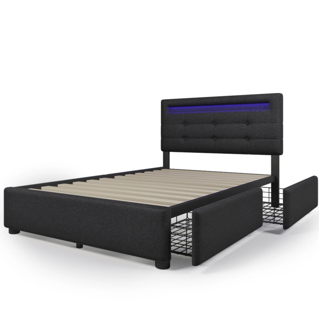 Letto singolo – 90x200 cm – LED 2 cassetti con materasso – legno nero
