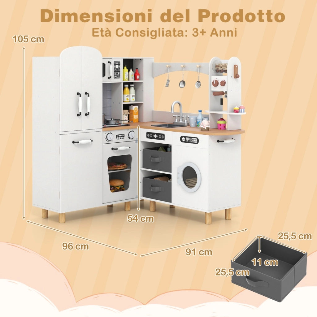 Cucina giocattolo ad angolo per bambini set cucina in legno con frigorifero a doppia porta, Cucina giocattolo con contenitori in tessuto e 12 accessori Bianco