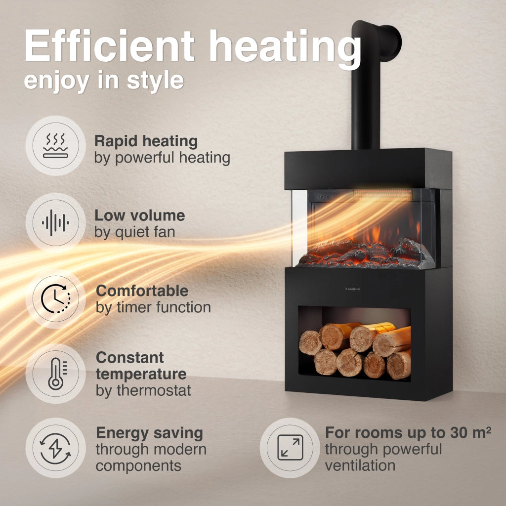 KAMINIO Camino elettrico HENRI con tubo del camino - Stufa elettrica riscaldamento, fiamma 3D, luce ambiente, scomparto de legno, telecomando - Nero