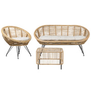 Set di divani a 3 posti con tavolino in rattan naturale beige chiaro con cuscino in cotone di media resistenza per interni, all'aperto, in stile bohémien,