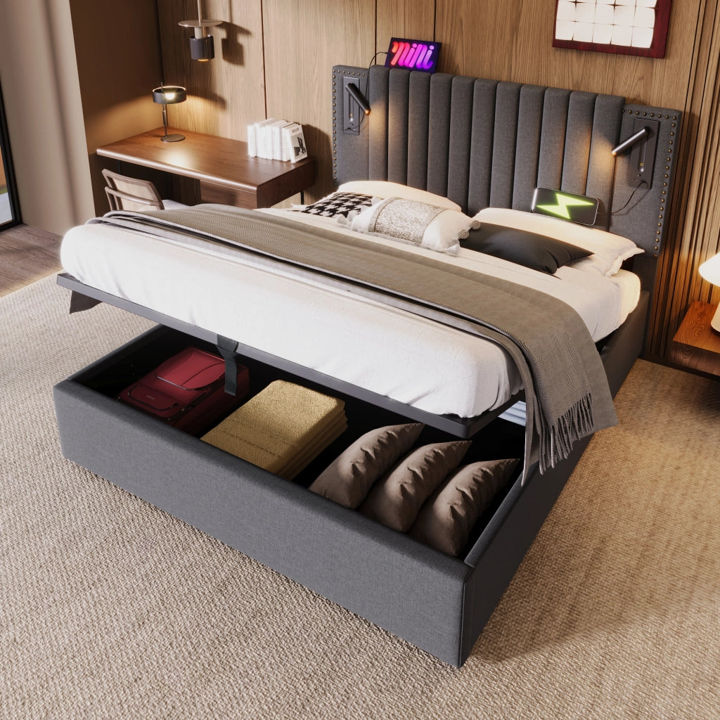 Letto matrimoniale – 160x200 cm – luce USB borchie rete – cotone grigio