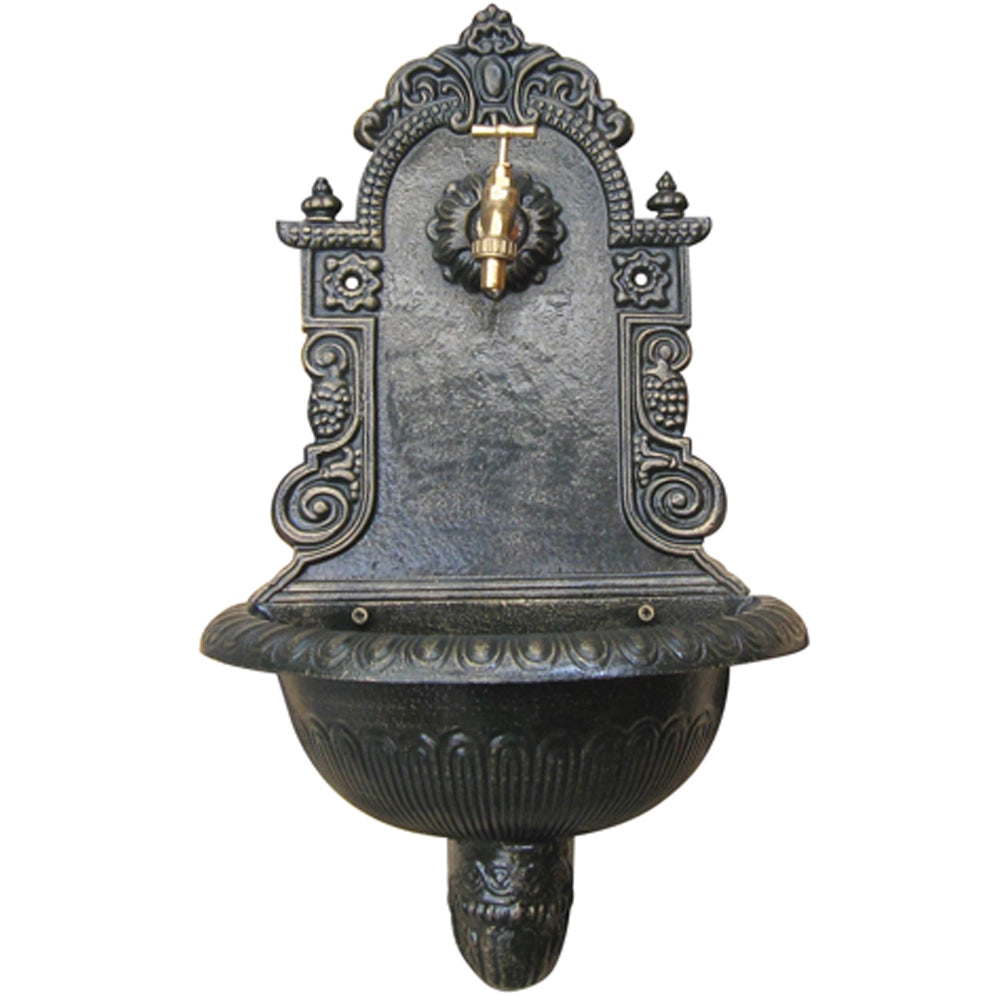 FONTANA DA GIARDINO IN GHISA A PARETE PANTHEON RUBINETTO OTTONE 3/4" GRIGIA