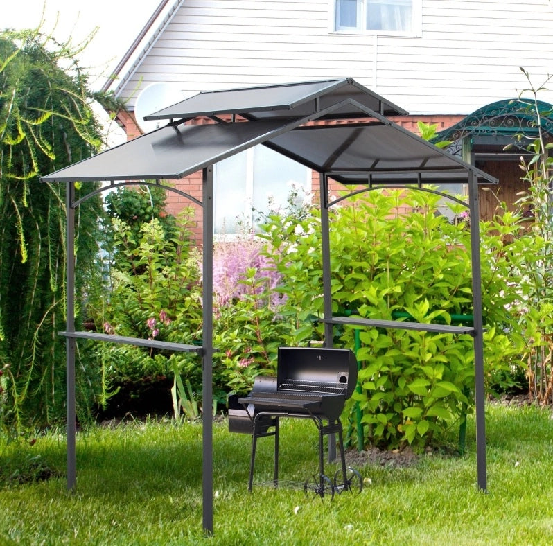 Gazebo barbecue 240x150x250 cm nero marrone in acciaio, 2 ripiani laterali