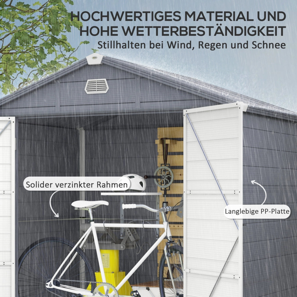 Capanno da giardino 4;1 m3; capanno da giardino con tetto monofango; 240 x 190 x 180/228 cm; capanno per attrezzi con porta chiudibile a chiave; finestra; garage per biciclette; armadietto in alluminio; per giardino; giardino; grigio