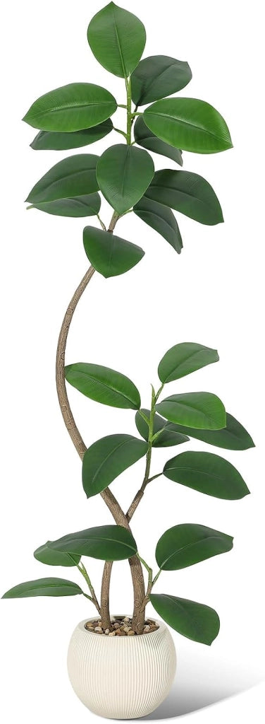 Pianta di Ficus Elastica Artificiale 150 cm a Doppio Tronco con Vaso Effetto Pietra