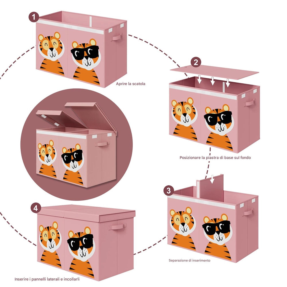 Box Contenitore Giocattoli con Animali Doppio Pieghevole 80L Rosa Salvaspazio