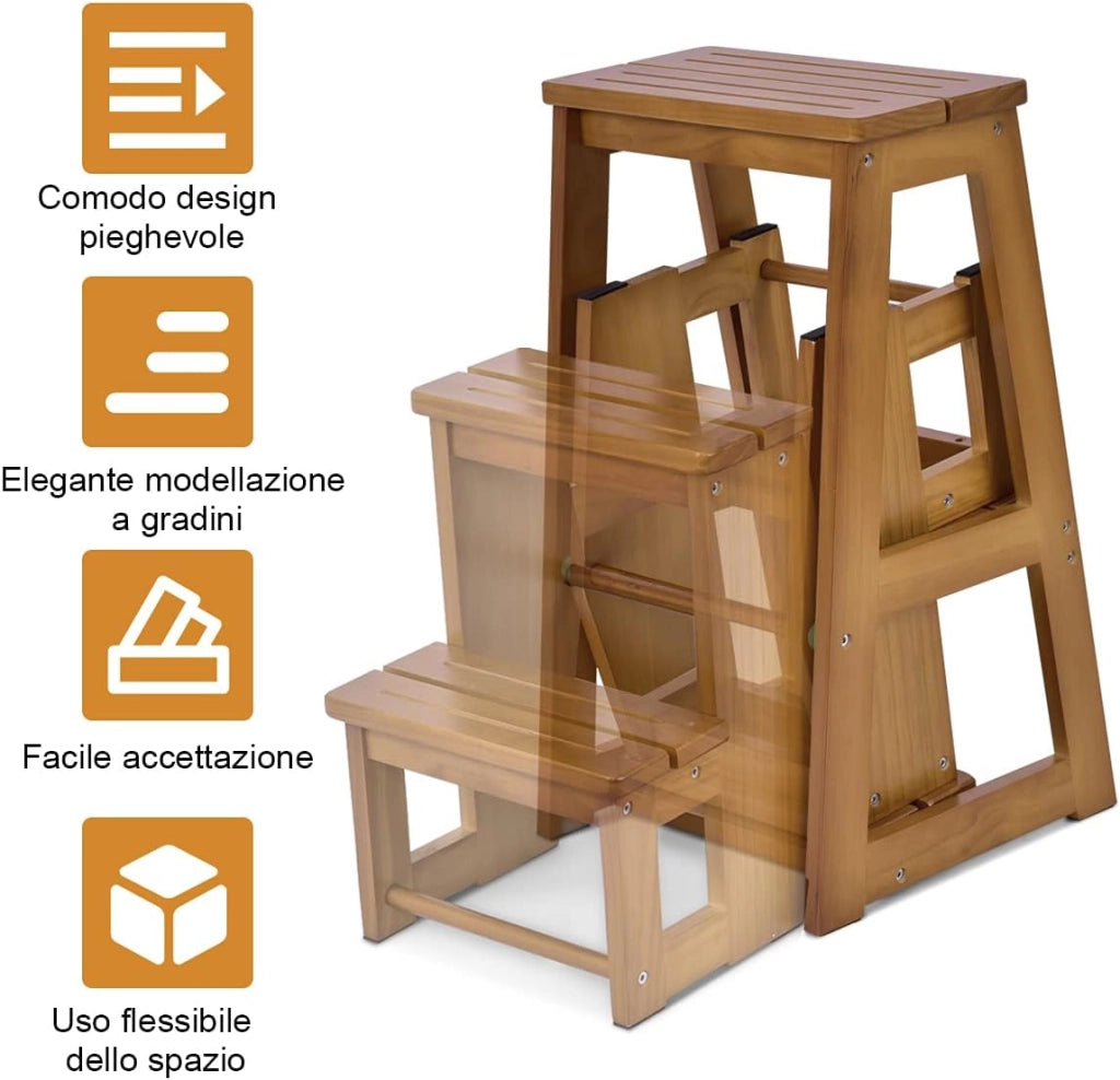 Sgabello Scaletta 3 Gradini in Legno di Pino, Sgabello Scala Pieghevole Salvaspazio, Scaletta 3 Gradini a Ribalta, Capacità Portante 150 kg, 57 x 38,5 x 66cm (Naturale)