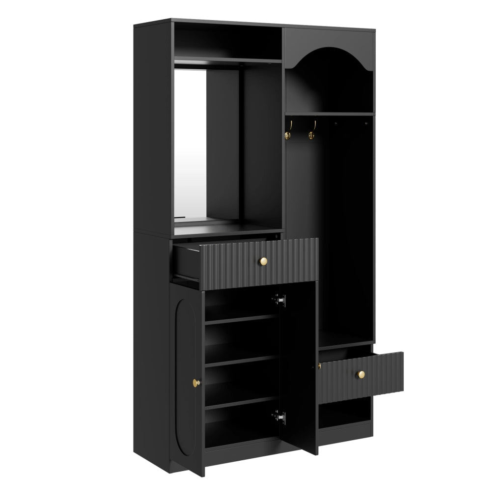 Mobile da ingresso con specchio, panca, appendiabiti, 2 ante, cassetti e LED regolabili, nero, 100 × 35 × 180 cm