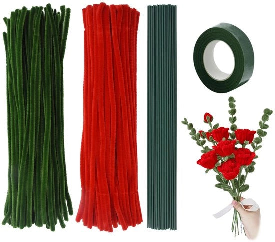 Set di pulitori di tubi, insieme fiorale, 200 pezzi, pulitore di tubi, 2 colori rose, pulitore di tubi, stecchi di chenille verde, bouquet, artigianato, pulitore di tubi, bouquet rosso per principianti, artigianato DIY