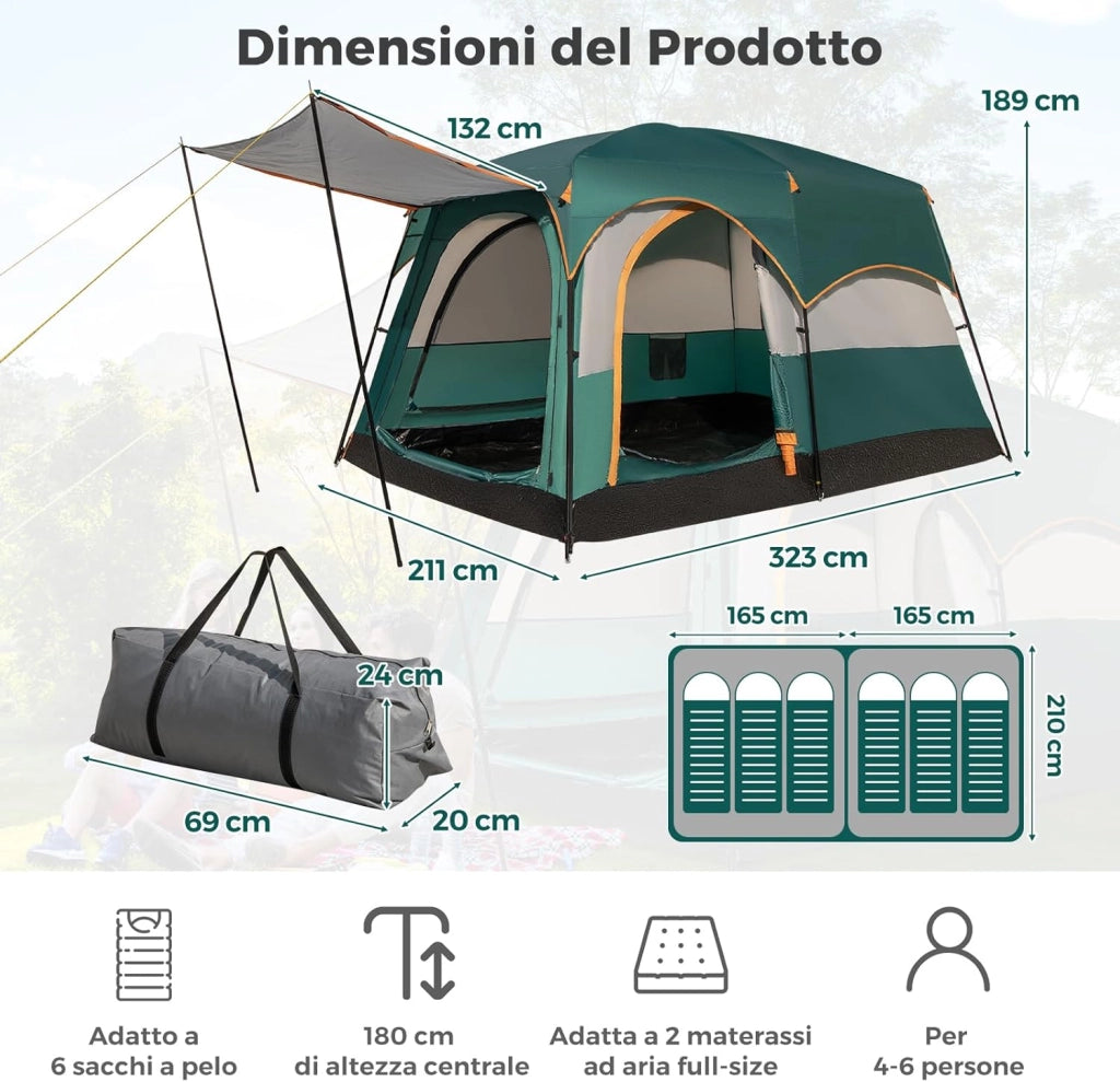 Tenda da Campeggio con Divisorio, Tenda a Doppio Strato con Telo Antipioggia, Telo in PE, Finestre a Rete, Impermeabile e Antivento, con Borsa