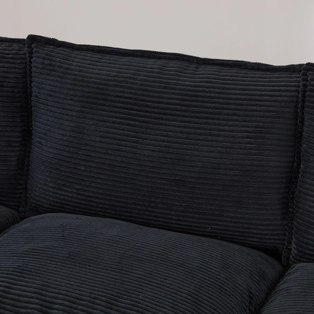 Divano 3 Posti con Poggiapiedi ¨C MINIMAL ¨C Nero, Tessuto a Coste, Imbottito