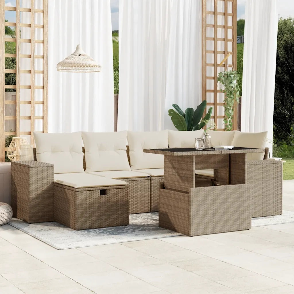 Set Divani da Giardino 7 pz con Cuscini Beige in Polyrattan