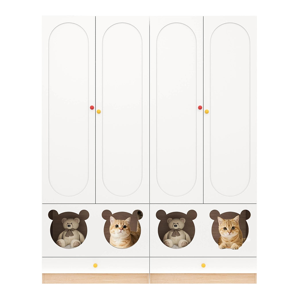 Armadio combinato bambino 2 pezzi 160x50x200 cm - Xylo - con appendiabiti e cuccia per gatto, bianco e naturale