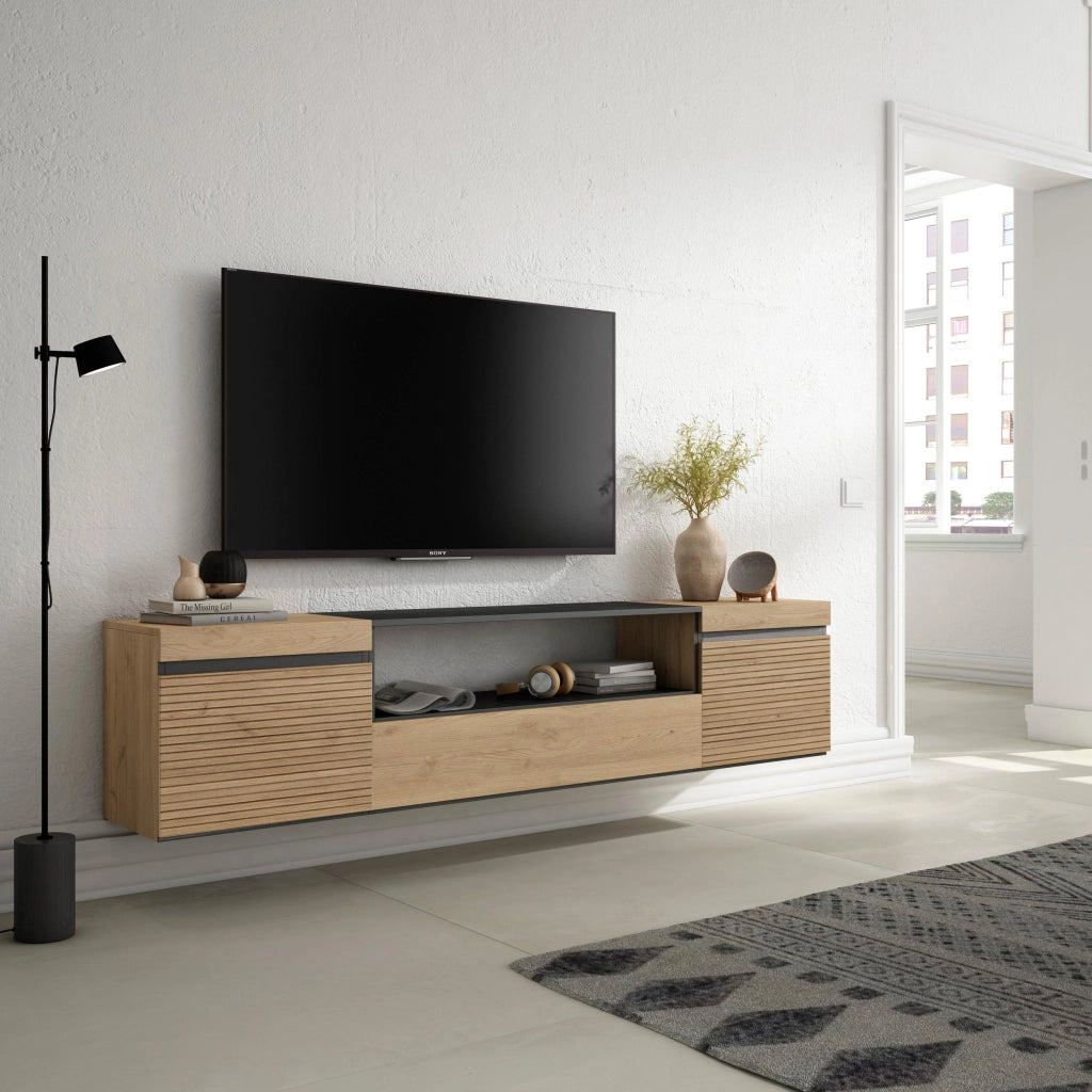 Mobile TV Soggiorno, 200x35x45cm, Per TV fino a 80", da appendere, colore Rovere RF3314