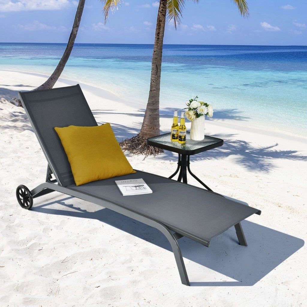 2*Chaise longue regolabile per cortile con ruote, Sedia a sdraio reclinabile in 6 posizioni da esterno Grigio