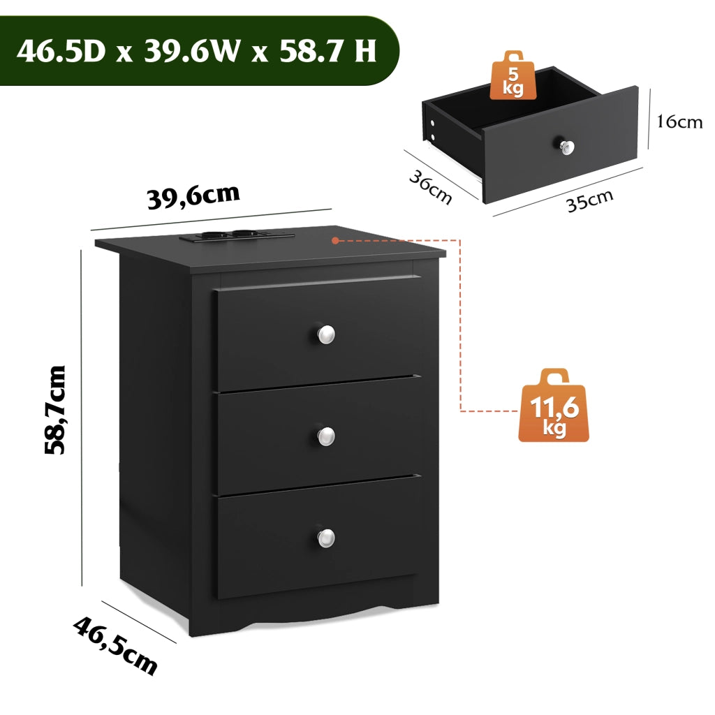 Comodino 3 Cassetti con Prese USB e Stazione di Ricarica ¨C zephmum ¨C 2 St¨¹ck, Nero