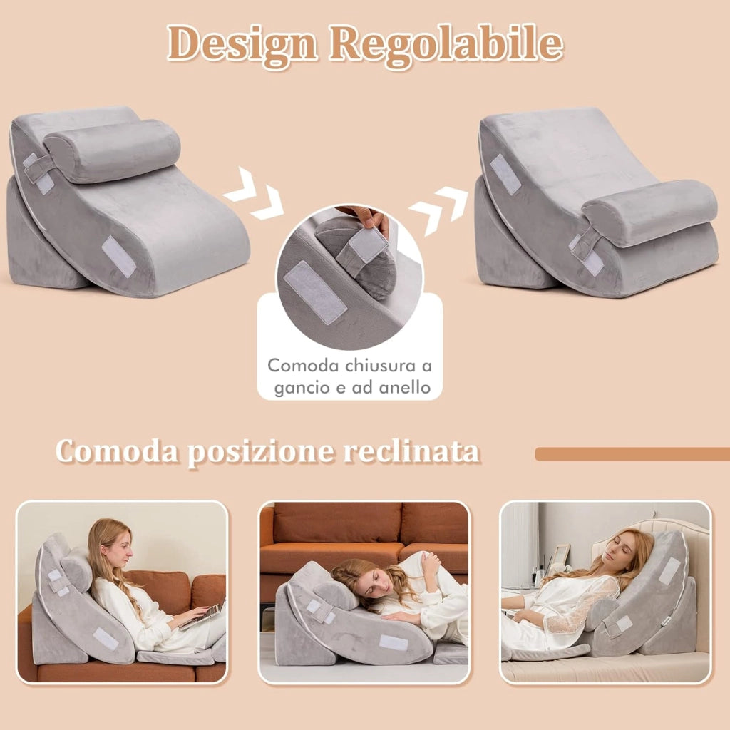 Set di 4/6 Cuscini Regolabili a Cuneo, Cuscino a Cuneo per Letto in Memory Foam, per Alleviare il Dolore alla Schiena Collo e alle Gambe, Poggiatesta Rimovibile, Grigio (6 Pezzi)