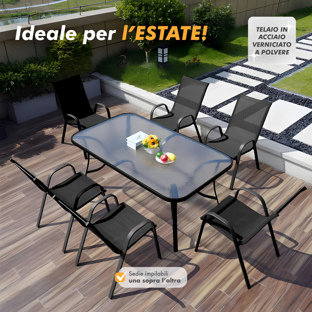 Set Tavolo Sedie Da Giardino 7 Pezzi, Tavolo Da Pranzo Terrazzo In Metallo Piano In Vetro Con Foro  Ombrellone 6 Sedia Da Esterno Impilabili Con Schienale Alto,Veranda  Nero