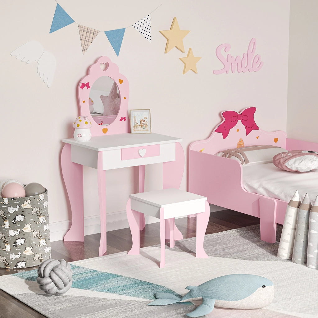 Tocador per bambini con specchio e sgabello ¨C zephmum ¨C rosa 50x36,5x89,5cm