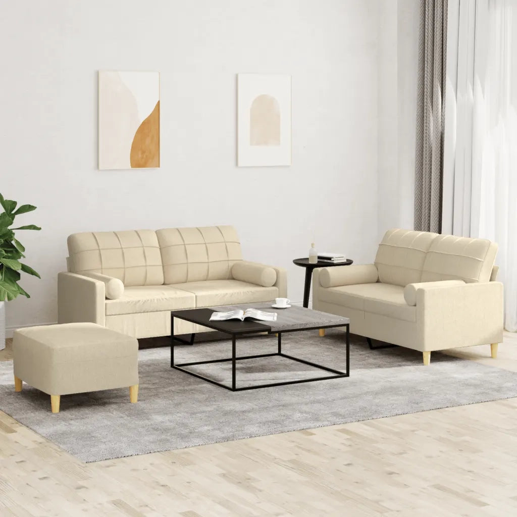 Set Divani 3 pz con Cuscini Crema in Tessuto