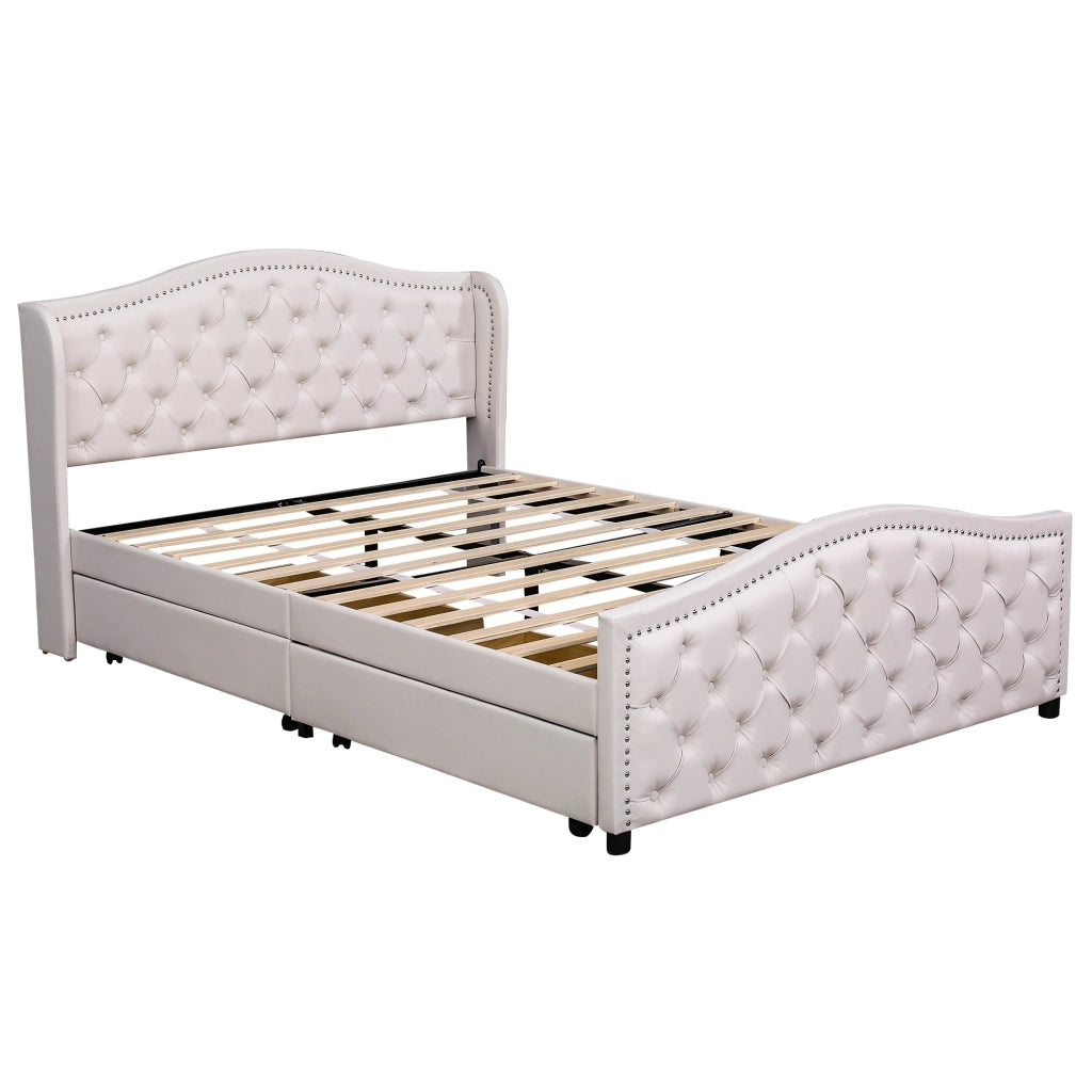OKWISH Letto con Cassetti 140×200 cm, Letto Matrimoniale con 2 Cassetti e Testiera Imbottita, senza Materasso, in PU, Bianco
