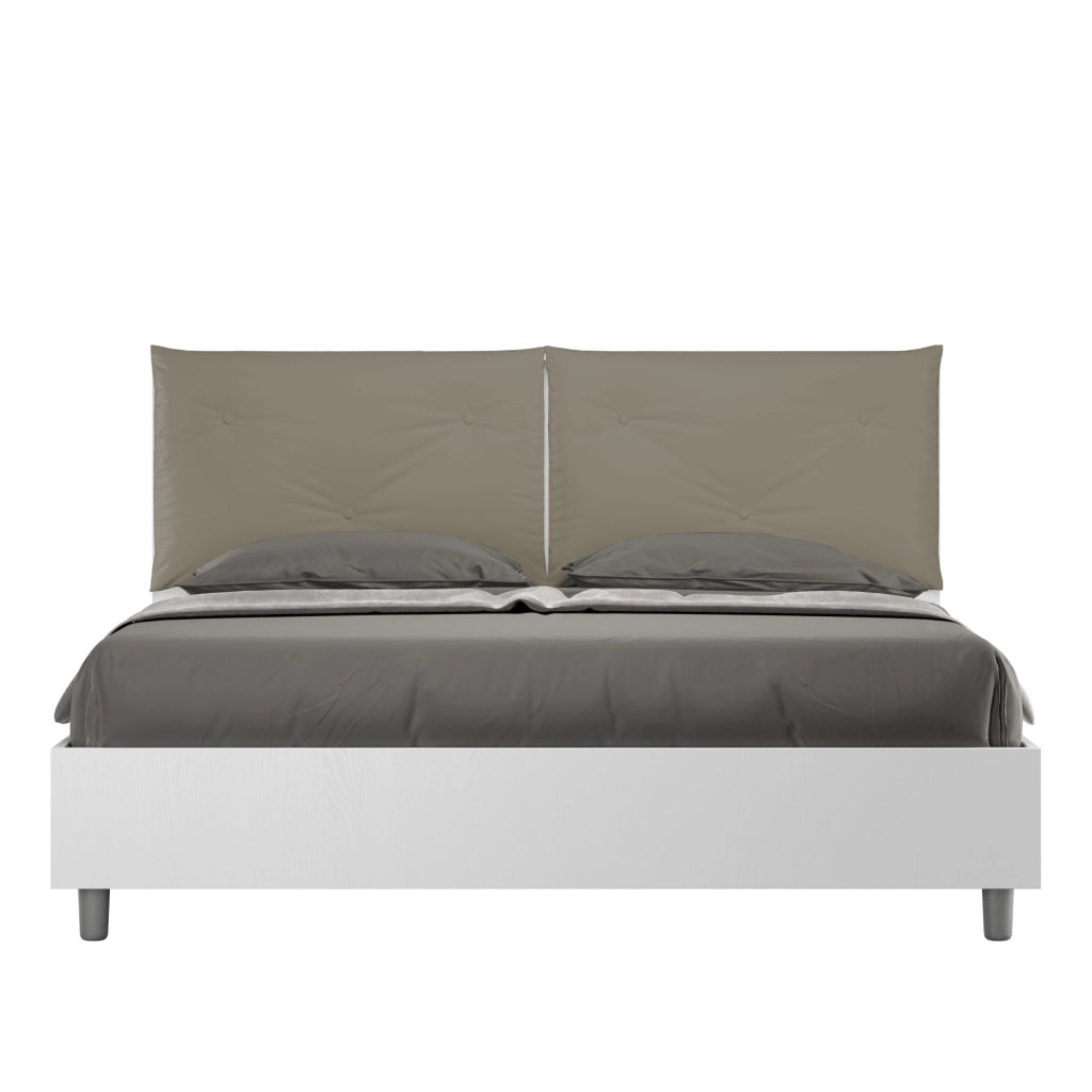 BS COM Letto matrimoniale con rete 160x200 bianco frassino cuscini similpelle cappuccino