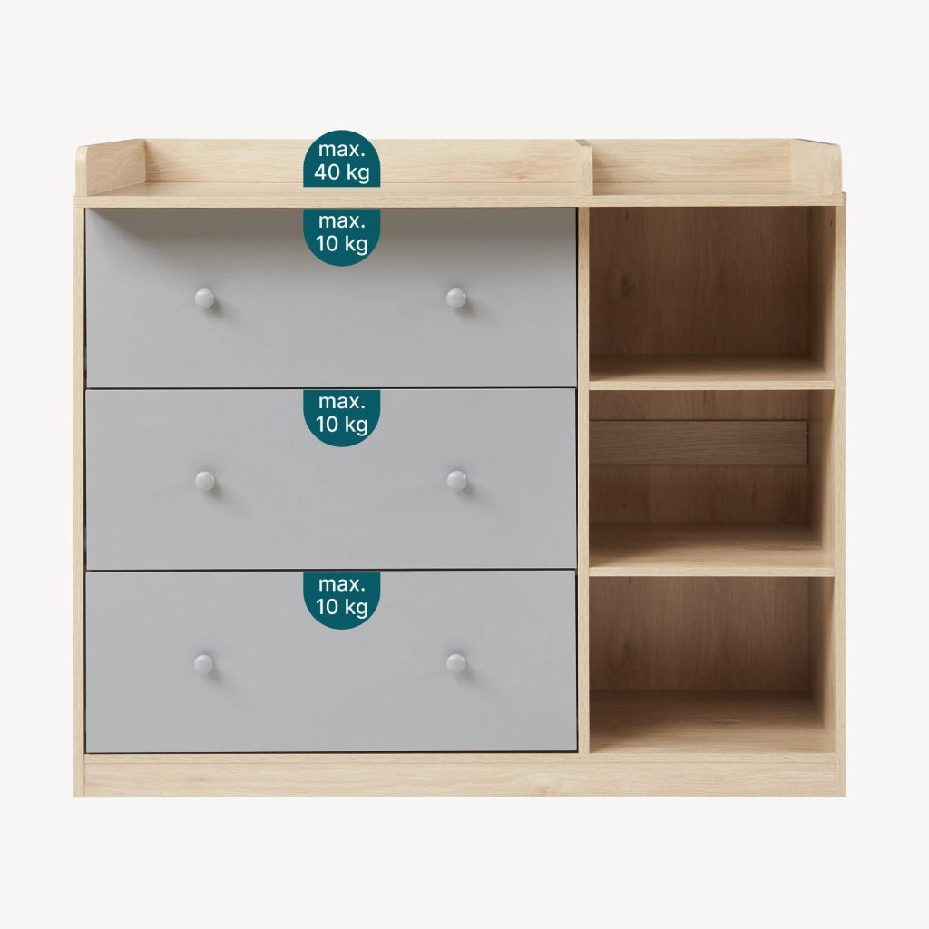 Cassettiera Beldinupp con Piano Fasciatoio Rimovibile 93 x 110 x 55 cm - Effetto Rovere / Grigio [en.casa]