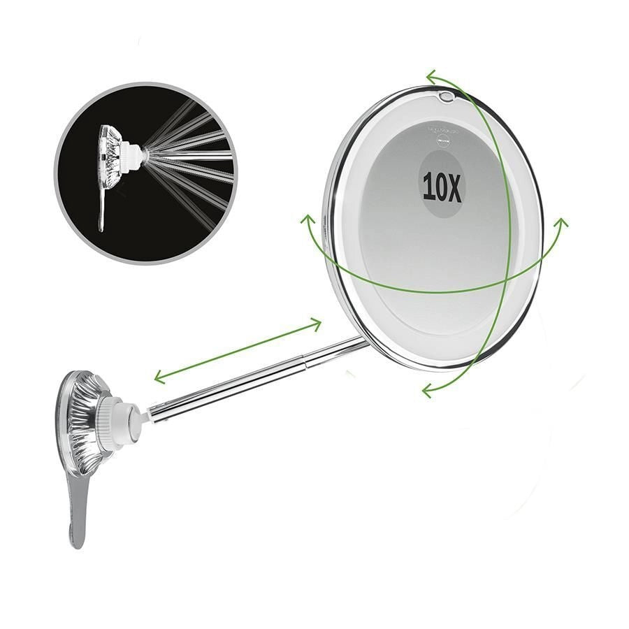 Macom 229 Sensation Specchio Cosmetico Ingrandente 10x Asta Telescopica Doppio Snodo 24 LED Ventosa colore Cromo