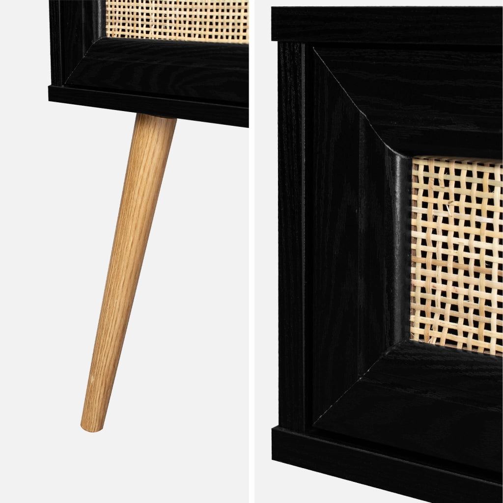 Set 2 comodini effetto legno e cannage, nero