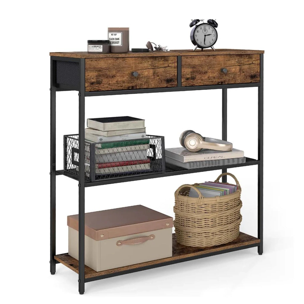 Tavolino da ingresso stretto con 2 cassetti in tessuto consolle/tavolino laterale su 3 livelli 24 x 76 x 80 cm per ingresso/soggiorno marrone 12_0007999