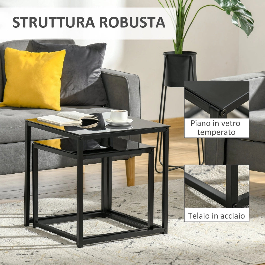 Set 2 Tavolini Moderni Piani in Vetro Temperato Nero