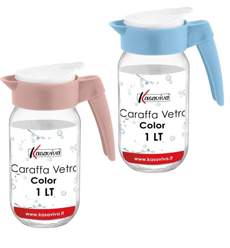 KIT SET 2 PZ CARAFFA IN VETRO TRASPARENTE CON TAPPO COLORATO E CAPIENZA DA 1 LT