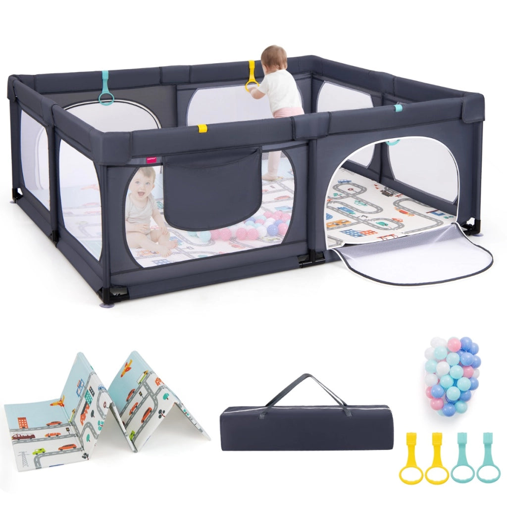 Box per bambini con materassino 4 anelli e 50 palline colorate, Recinto per bambini grande 189x158cm Grigio scuro