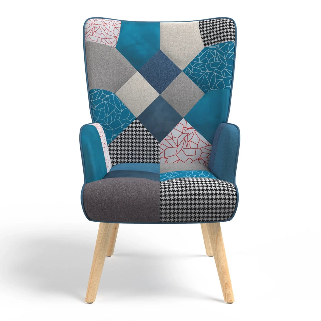 IDMarket - Poltrona scandinava IVAR in tessuto patchwork e velluto blu