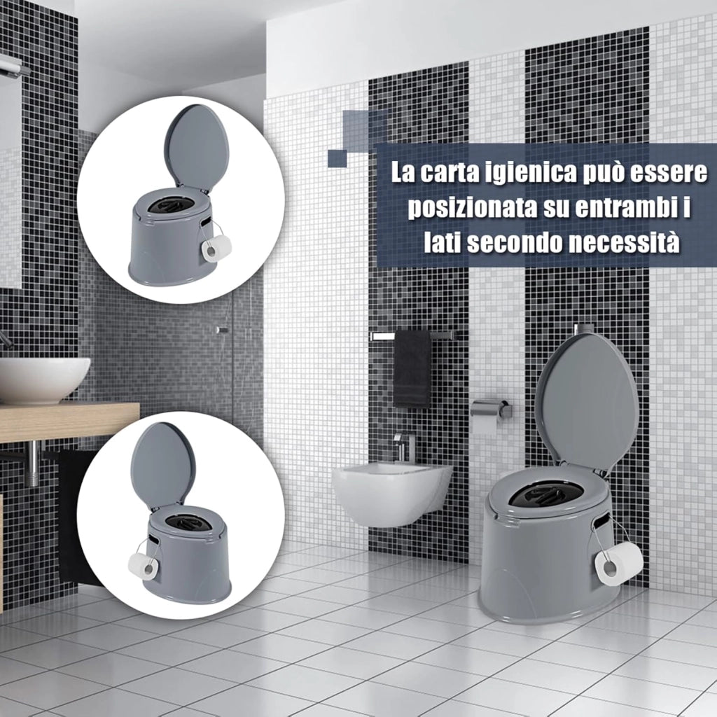 Toilette Portatile WC Chimico, WC da Viaggio Leggero con Secchio Interno Rimovibile,Water Portatile per Adulti e Anziani con Portarotolo, Supporto Carico 200 kg, 41 x 49 x 34 cm (Grigio)