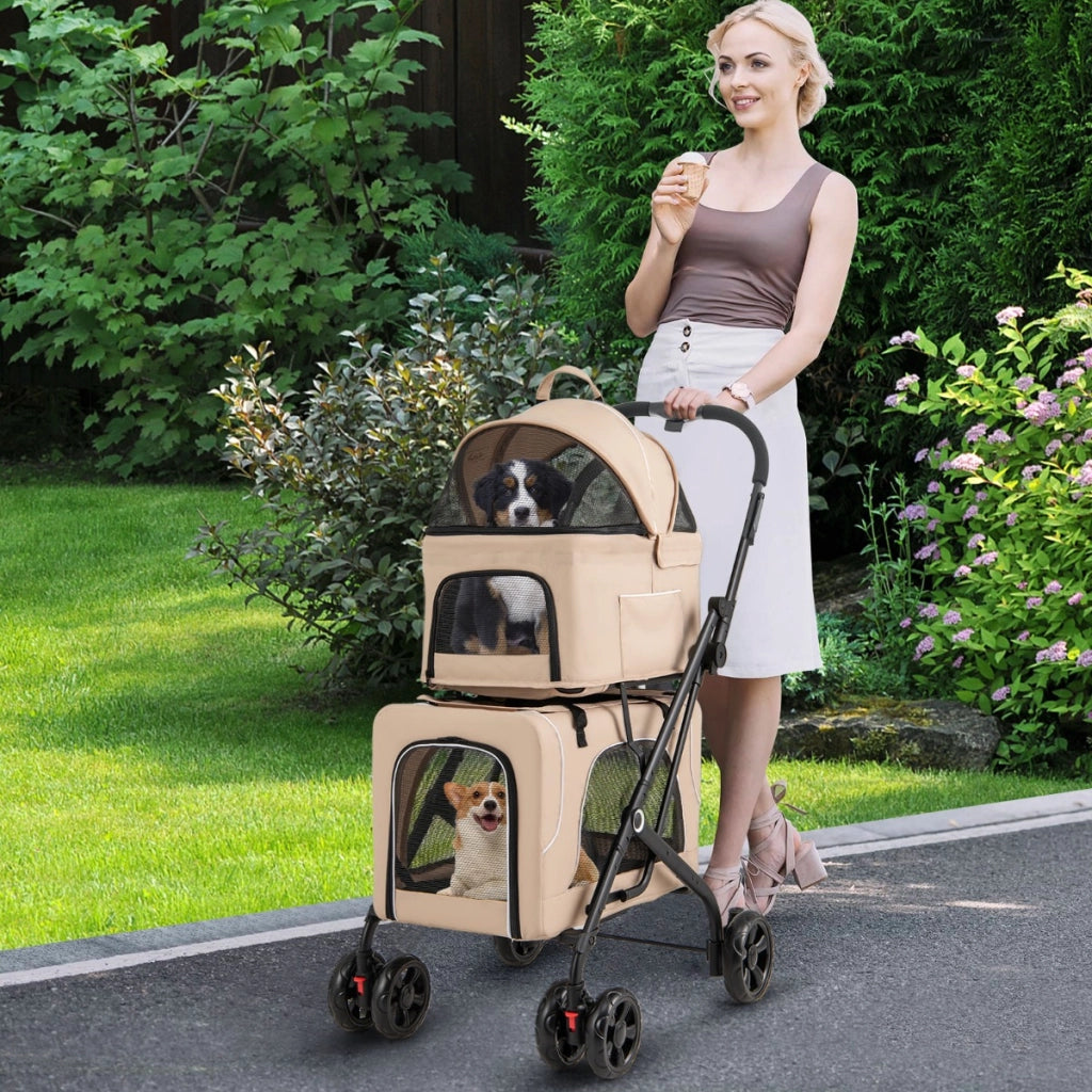 Passeggino per animali a 2 posti per 2 cani o gatti con 2 trasportini rimovibili-Passeggino 3 in 1 pieghevole per cani Beige