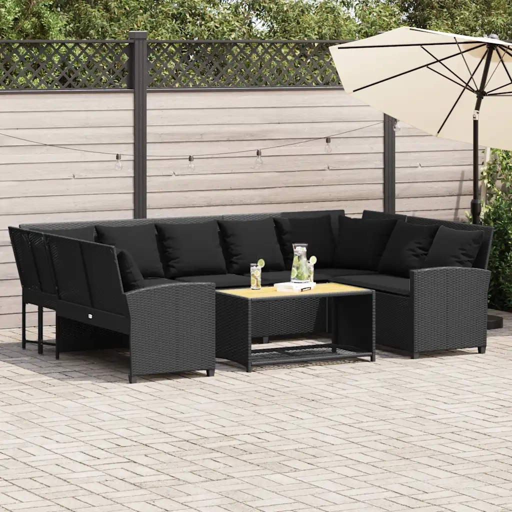 Divano da Giardino con Cuscini in Polyrattan Nero