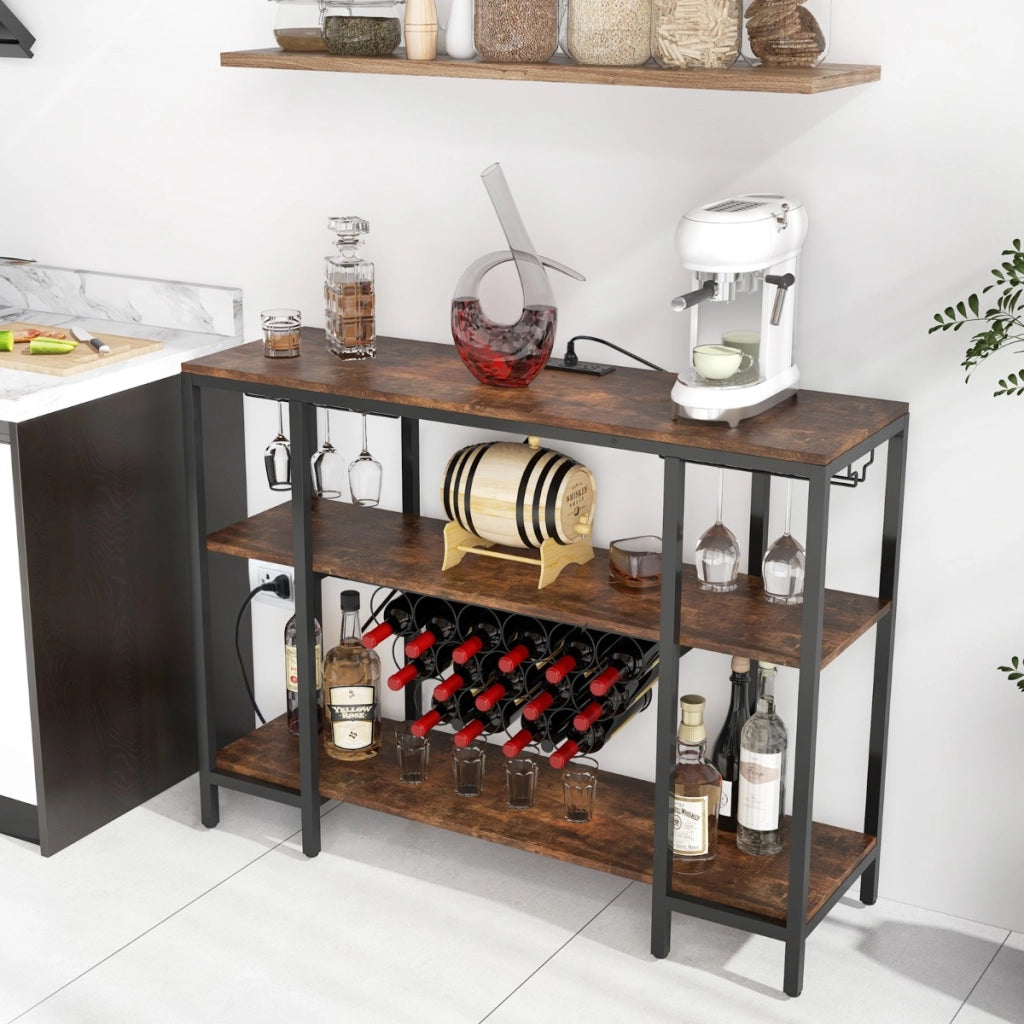 Mobile bar vino con 3 ripiani porta calici porte USB e prese struttura in metallo, Portabottiglie industriale Marrone