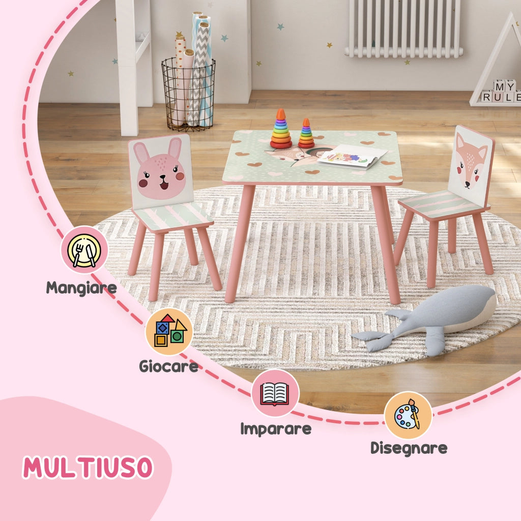 Tavolo e Sedie per Bambini ¨C Minimal ¨C Legno, Rosa, 3 Pezzi