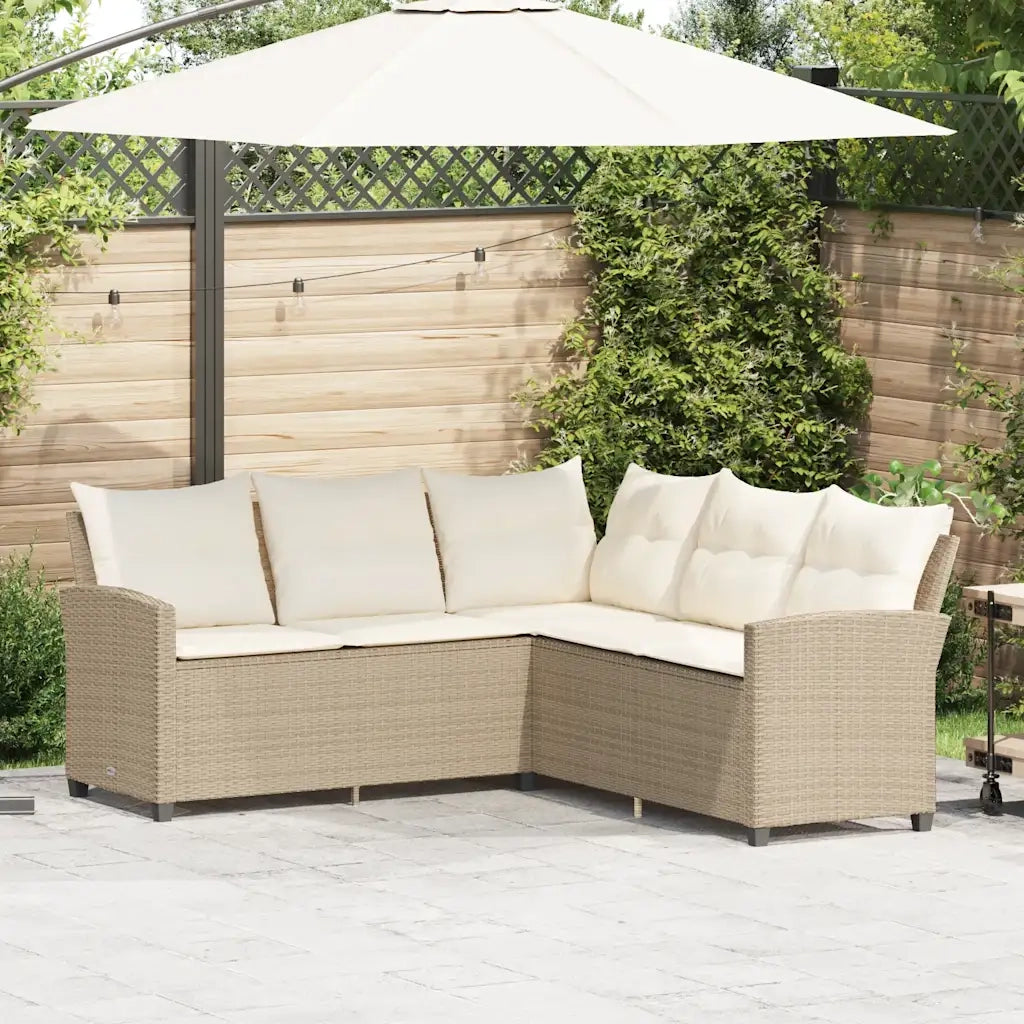 Divano a Forma di L con Cuscini in Polyrattan Beige