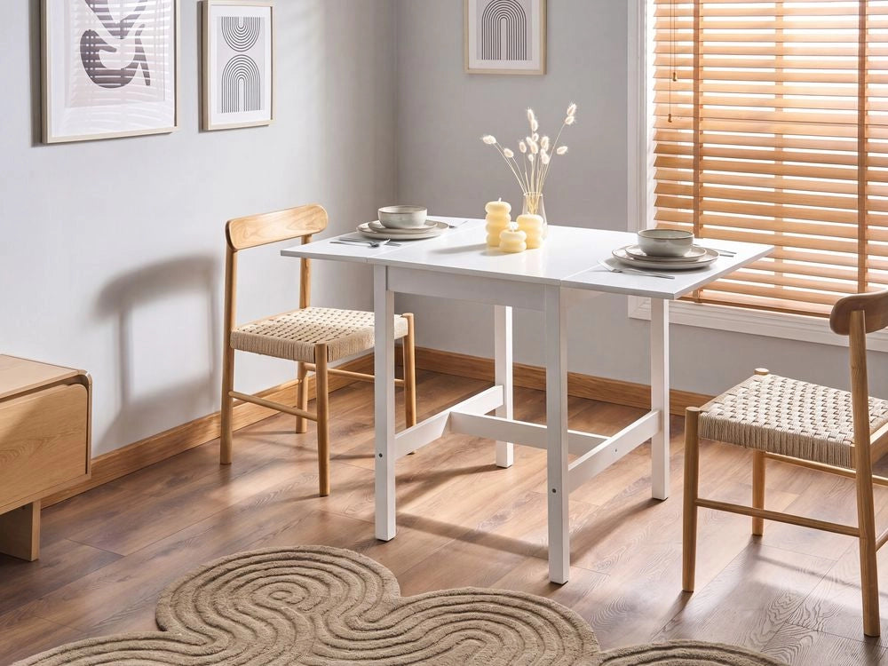 Tavolo da pranzo in legno di pino bianco 60/120 x 74 cm, allungabile con ante ribaltabili e gambe in legno, stile minimalista scandinavo